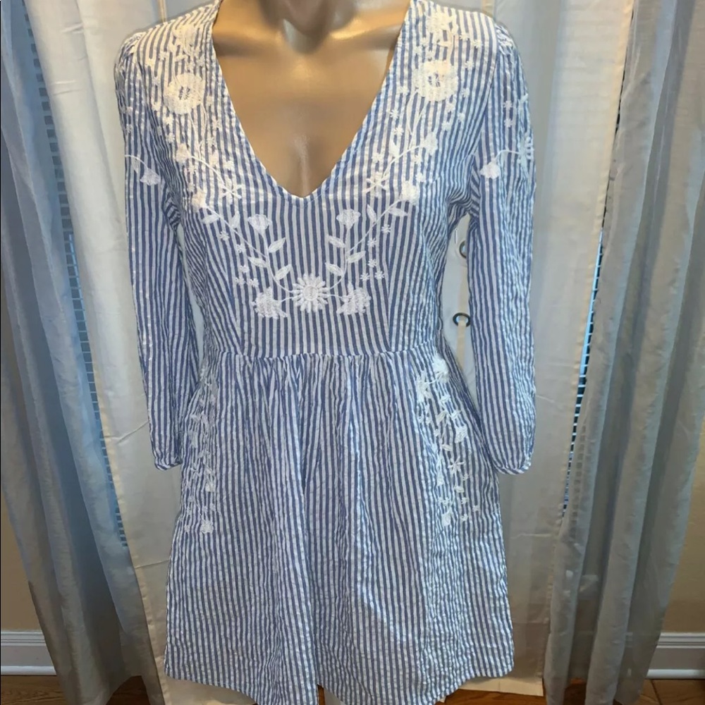 Free People Blue Stripped Embroidered V Neck Dress